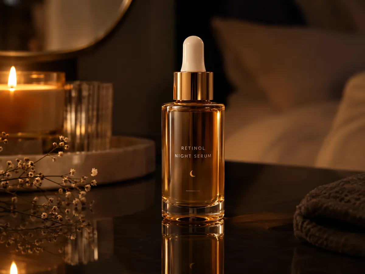 Retinol nachtserum in glazen pipetflesje met goudkleurige dop