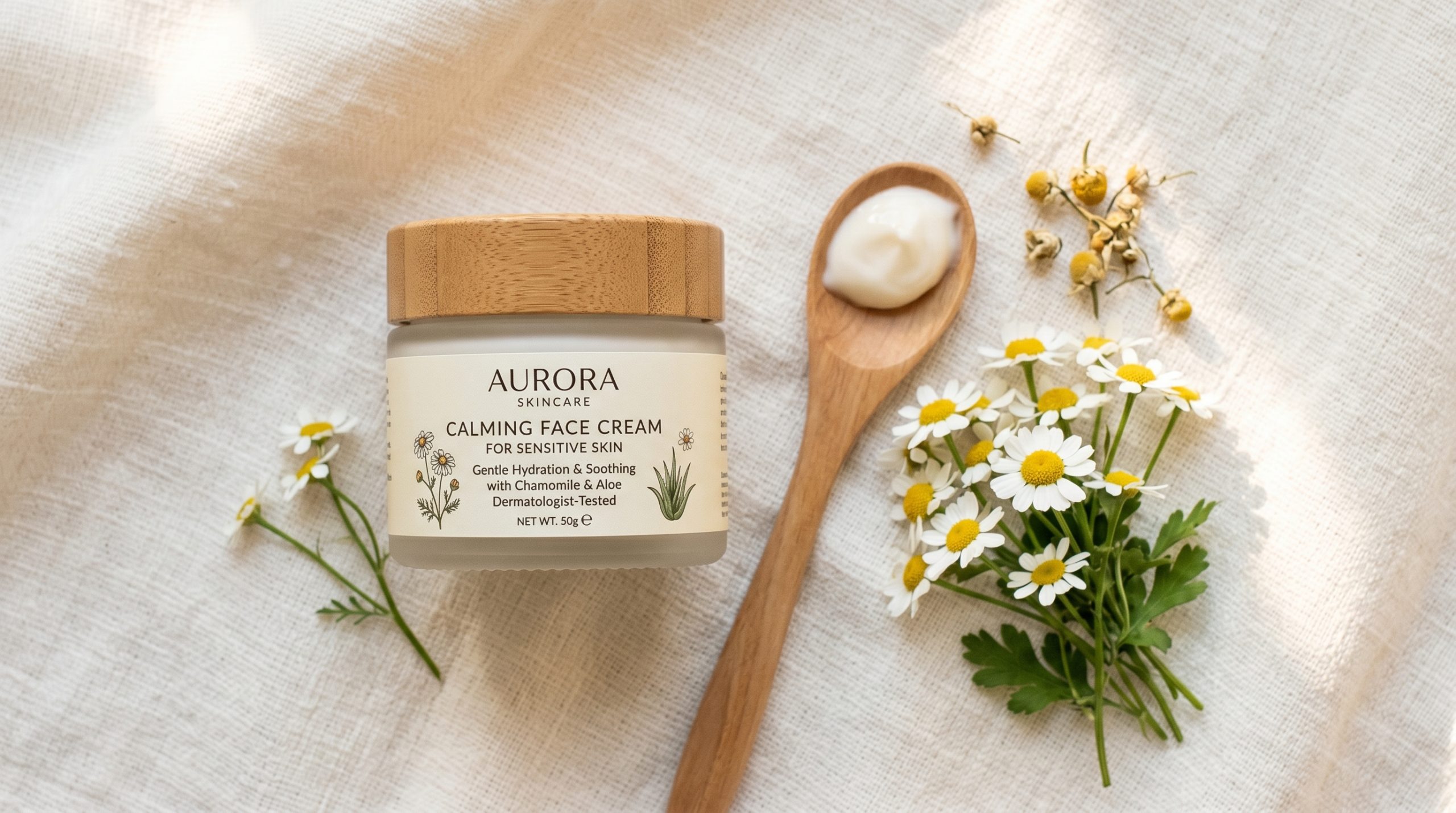 Gevoelige huid gezichtscreme met chamomile op zachte katoen textuur, warm diffused lighting