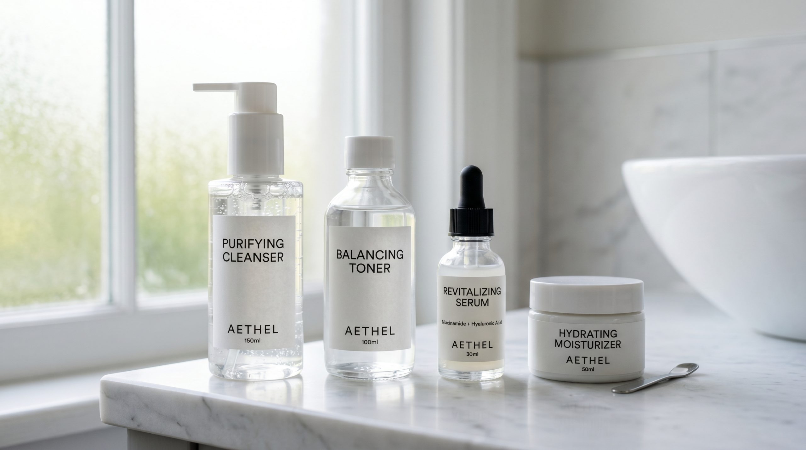 Skincare routine producten op witte badkamer counter met natural lighting, cleanser toner serum moisturizer