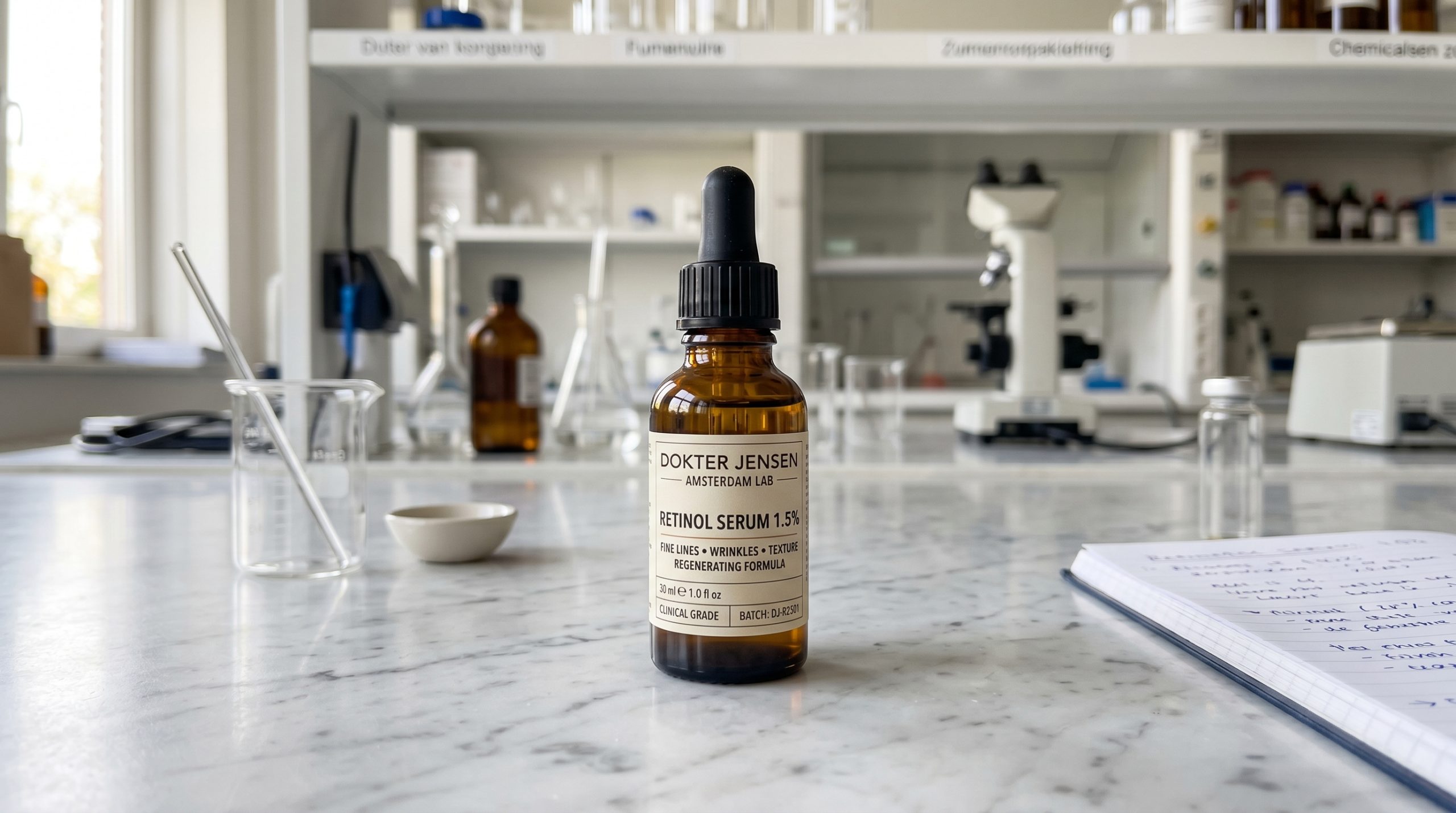 Een glazen retinol serumflesje op een marmeren werkblad, zacht ochtendlicht, klinische macrofotografie