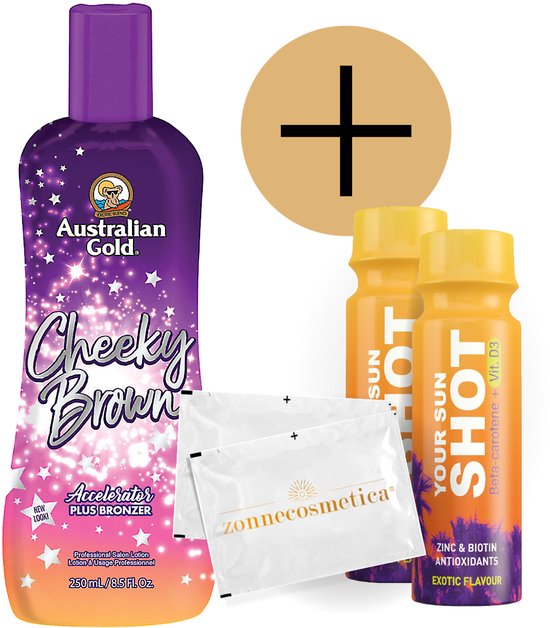 Australian Gold + Cheeky Brown + 2x Sun Shots, 2x doekjes