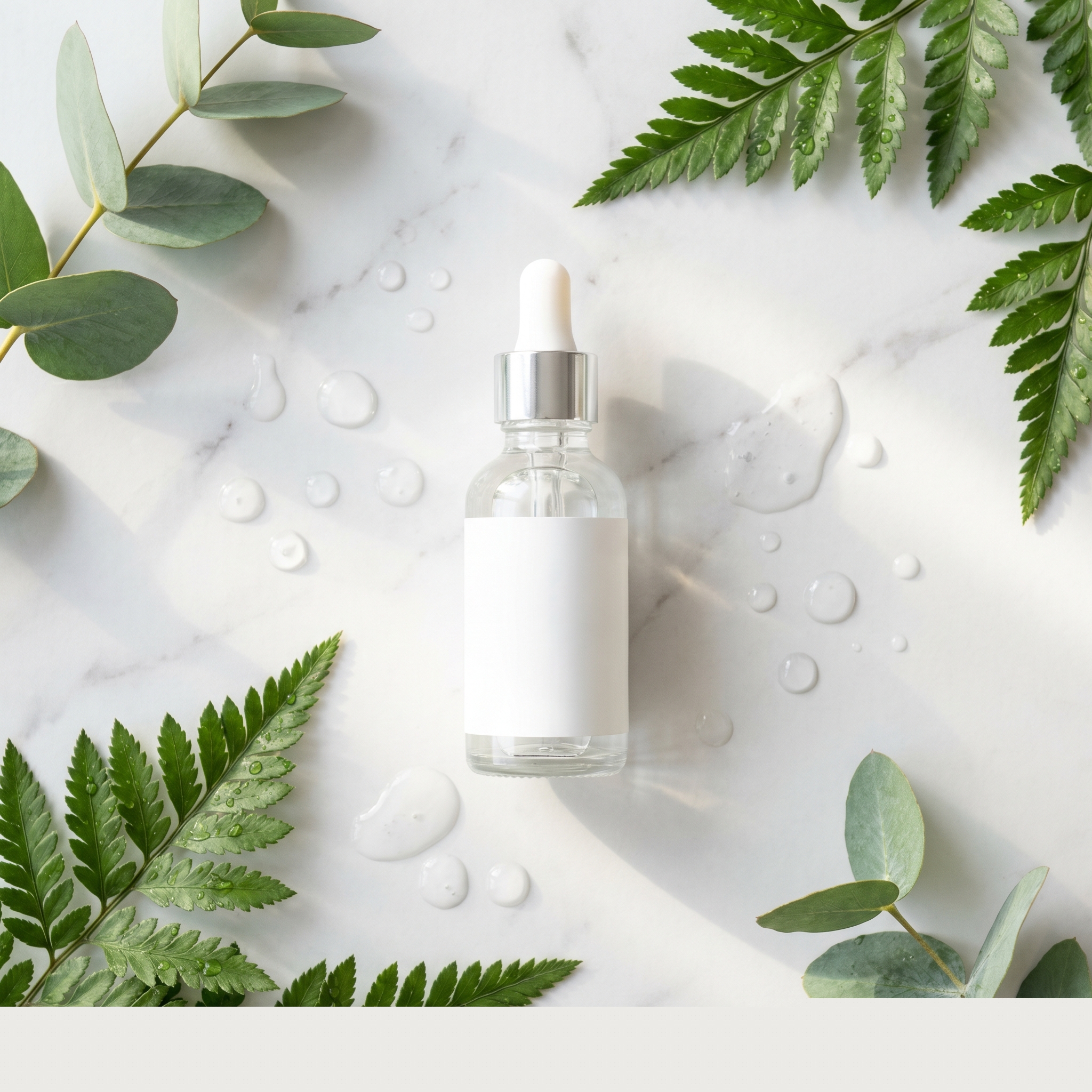 Hyaluronzuur serum fles op marmeren oppervlak met waterdruppels