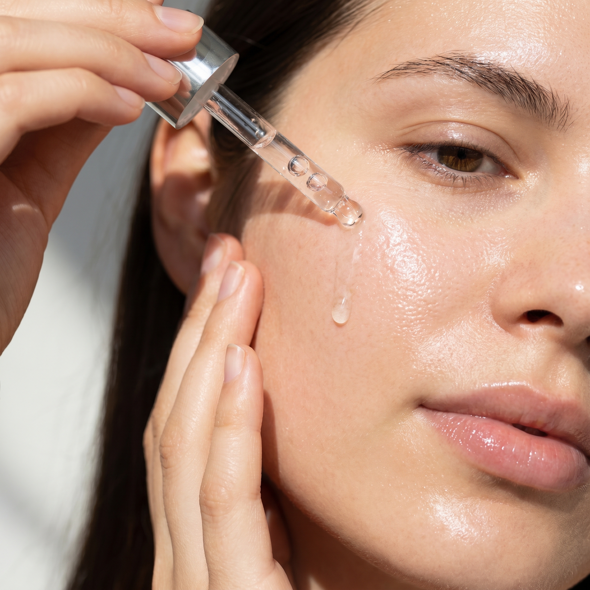 Hand brengt hyaluronzuur serum aan op de huid
