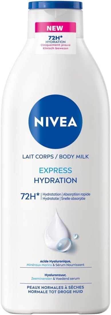 NIVEA Express Bodylotion - Voor Normale tot Droge Huid - Hyaluronzuur, Zeemineralen en Voeden Serum - 72H Hydraterende Lotion - Huidverzorging - 400 ml