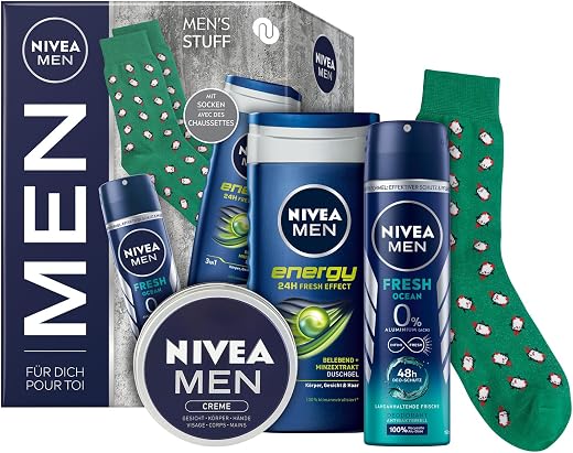 NIVEA MEN Mens Stuff cadeauset, verzorgingsset met hydraterende verzorgingsproducten, geschenkdoos met Nivea Men Energy douchegel, Fresh Ocean deodorantspray, Nivea Men crème en sokken