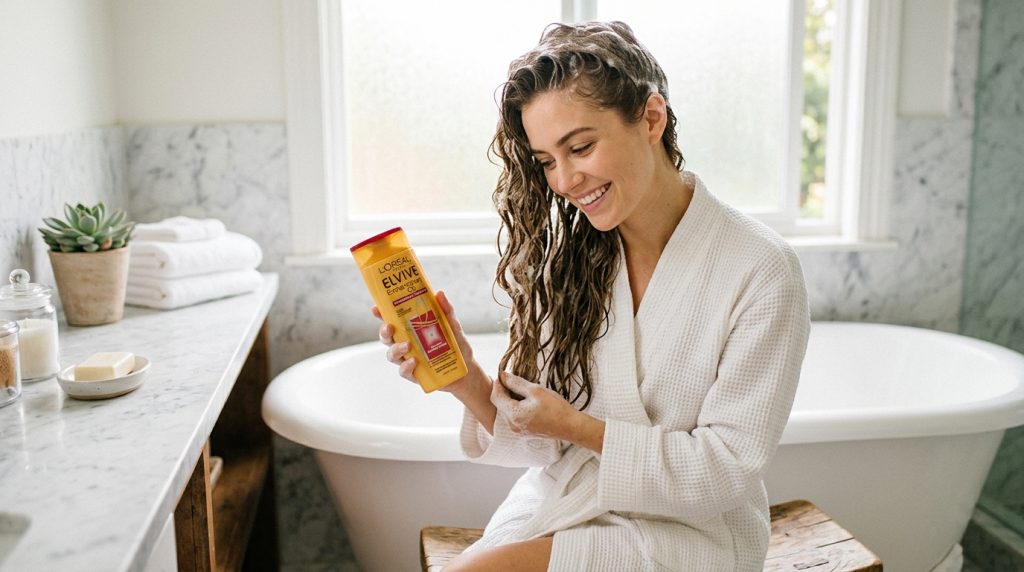 Foto van vrouw die L'Oréal Paris Elvive Shampoo test