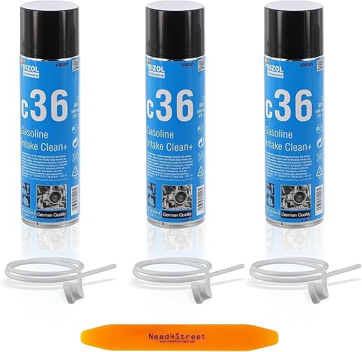 3-pack BIZOL Benzine Inlaat Clean+ C36 Gasklepreiniger 500ml met ontgrendelende spie, benzine additief voor zware vervuiling op injectoren en kleppen