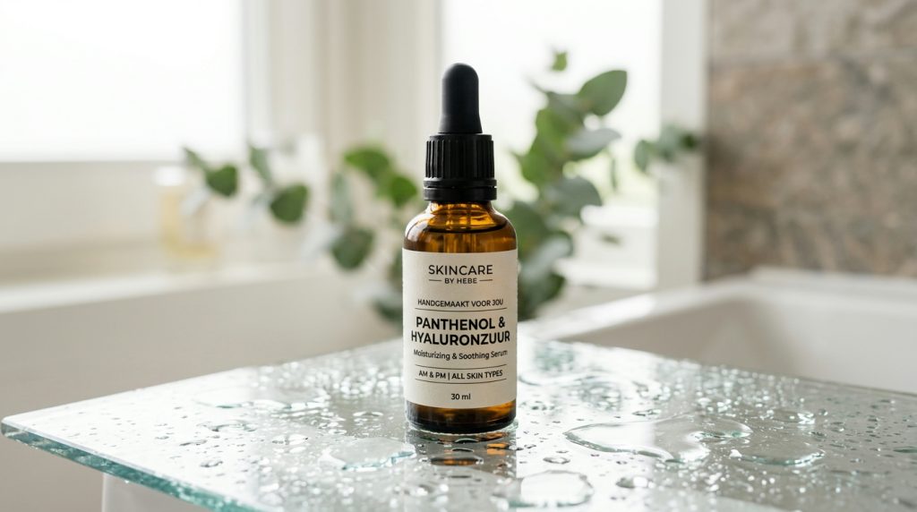 Serum met Panthenol en hyaluronzuur op een glazen achtergrond