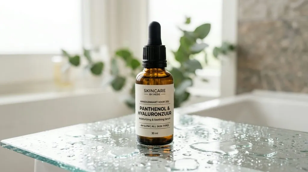 Serum met Panthenol en hyaluronzuur op een glazen achtergrond