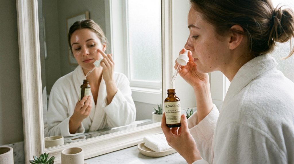 Een vrouw brengt een product met salicylzuur aan op haar gezicht