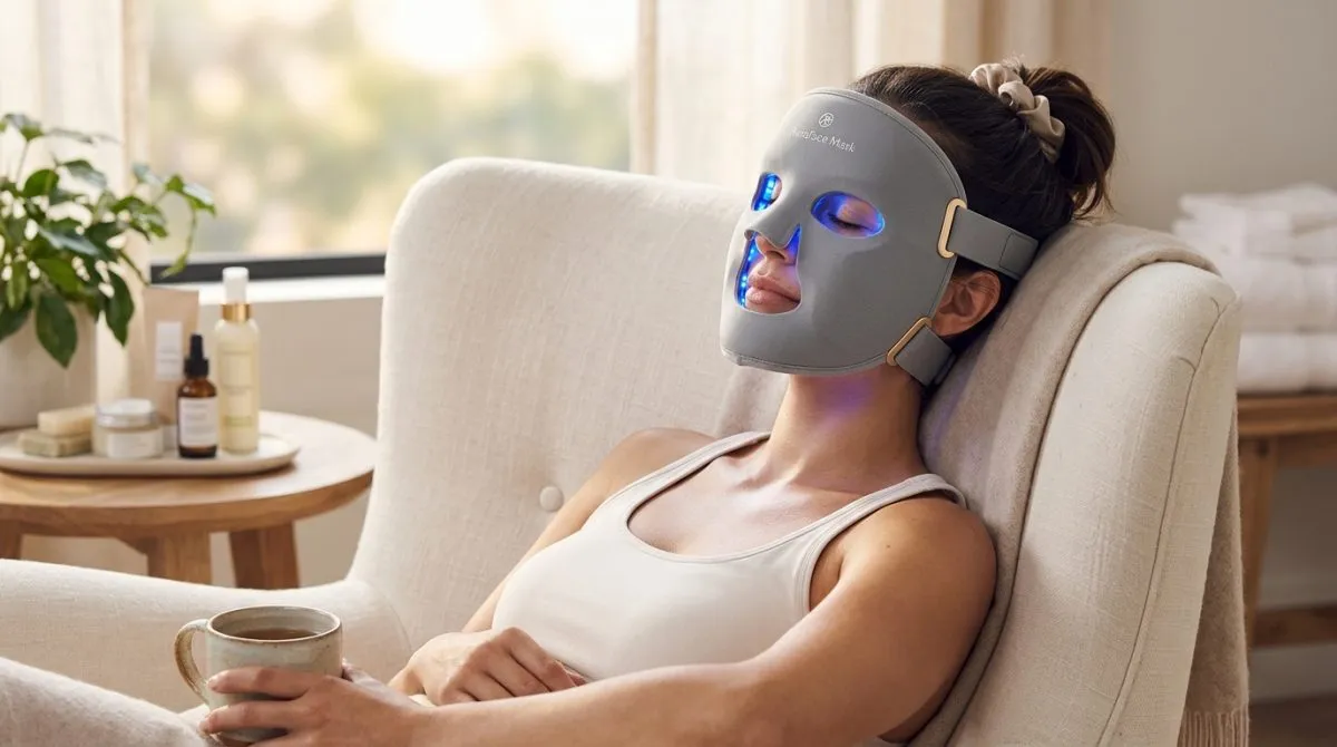Vrouw die het Therabody TheraFace Mask gebruikt in een ontspannen setting