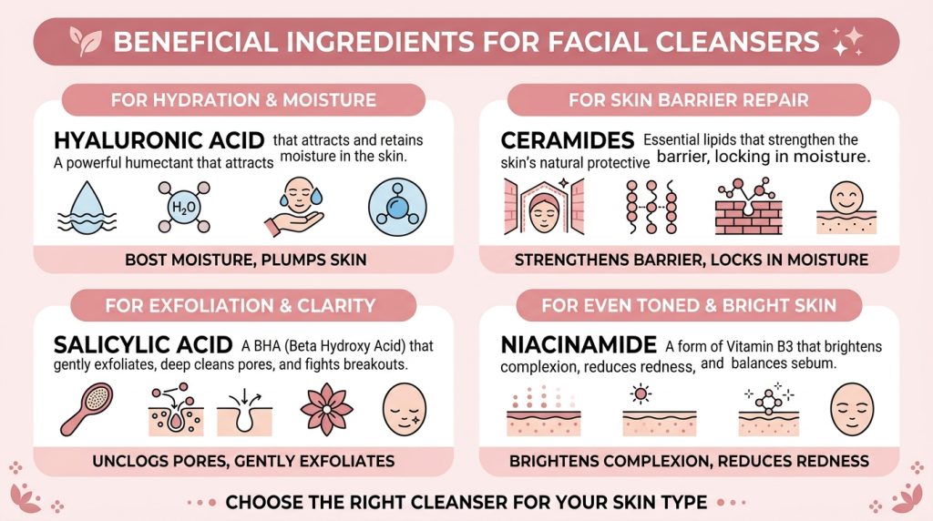 Infographic met ingrediënten om op te letten bij de beste gezichtsreiniger