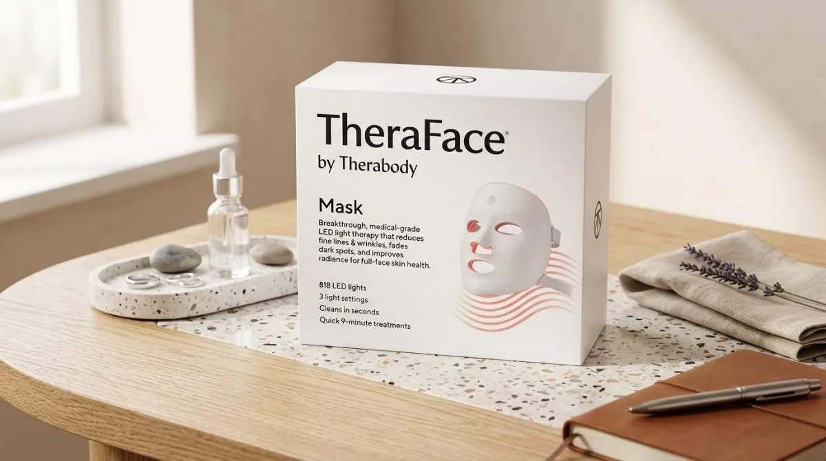 Close-up van het Therabody TheraFace Mask op een tafel met accessoires