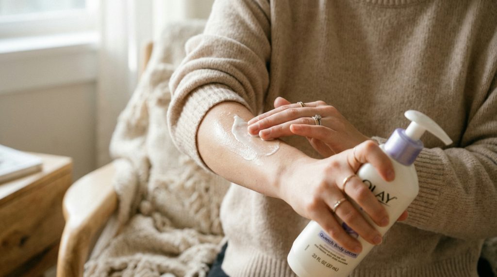 Vrouw test bodylotion op haar arm