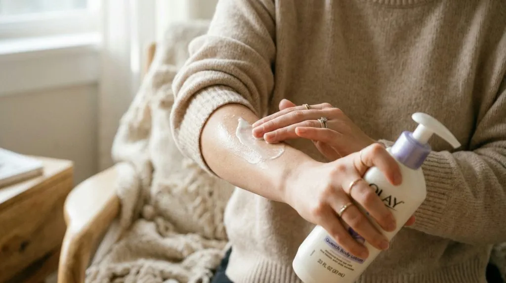 Vrouw test bodylotion op haar arm