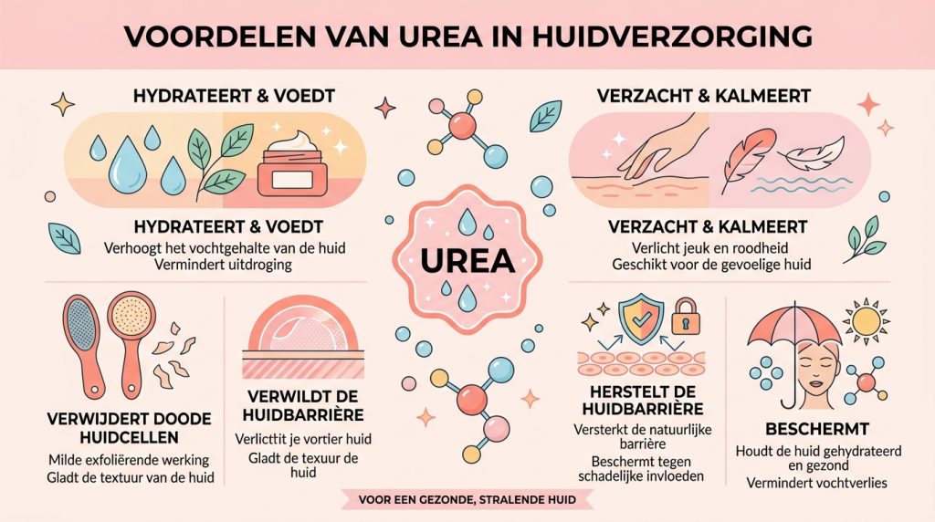Infographic met de voordelen van ureum voor de huid, zoals hydratatie en bescherming