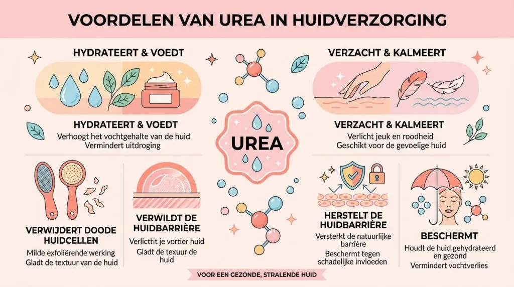 Infographic met de voordelen van ureum voor de huid, zoals hydratatie en bescherming