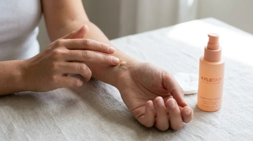 Een vrouw die een patch-test doet met een nieuw beautyproduct