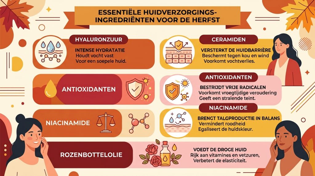 Infographic met essentiële herfst skincare ingrediënten