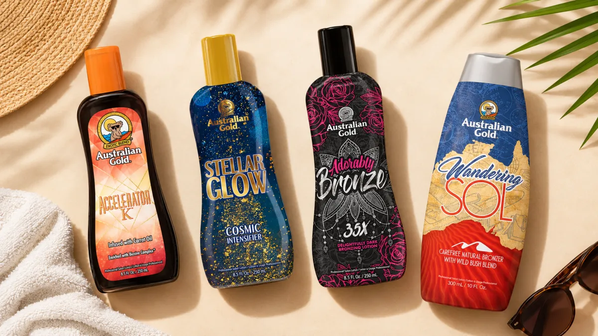 Beste zonnebankcrème: Australian Gold Accelerator K – Zonnebankcrème 250 ml en Australian Gold Stellar Glow – zonnebankcrème