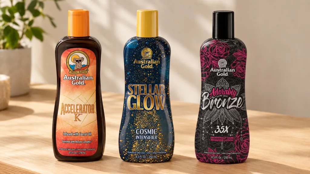 Beste zonnebankcrème: Australian Gold Accelerator K – Zonnebankcrème 250 ml en Australian Gold Stellar Glow – zonnebankcrème