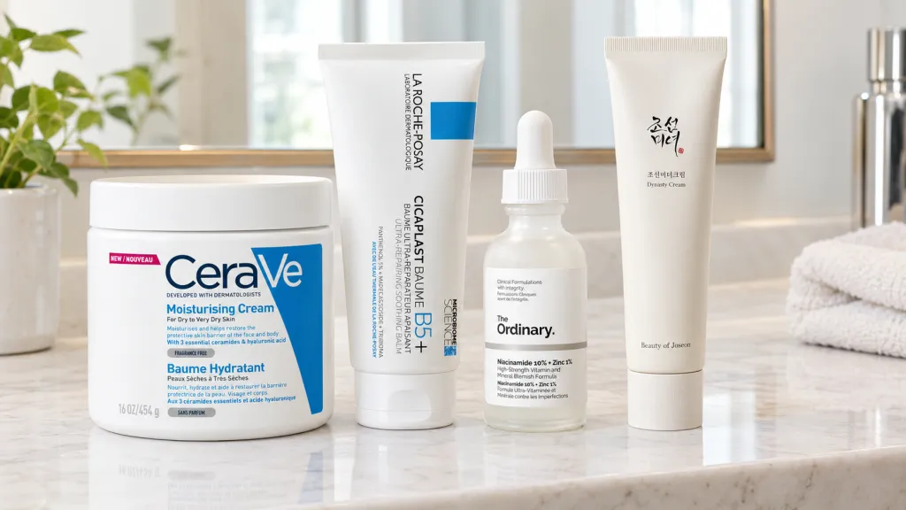 Beste skincare merken: CeraVe Hydraterende Crème met hyaluronzuur 454 g en La Roche-Posay Cicaplast B5+ Balsem – 100 ml en Th