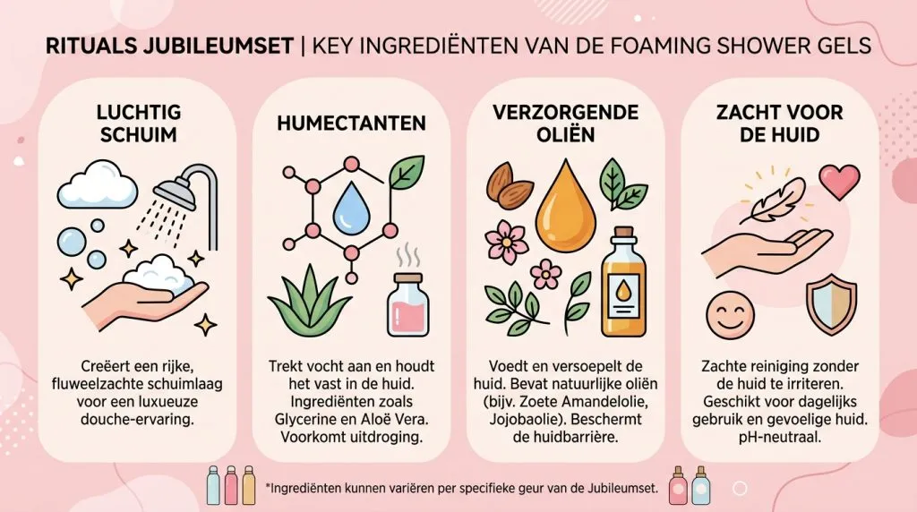 Infographic over de textuur en ingrediënten van Rituals Jubileumset