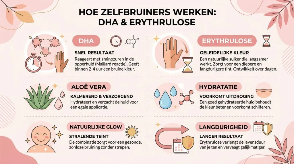 Infographic over de werking van DHA en Erythrulose in zelfbruiners
