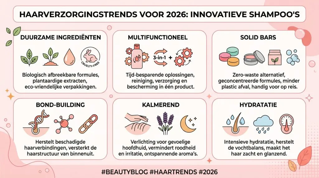 Infographic over shampoo trends in 2026 met focus op duurzaamheid en multifunctionaliteit