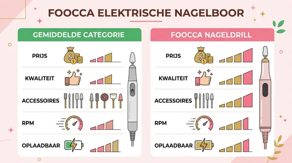 Infographic over de prijs-kwaliteitverhouding van de FOOCCA Elektrische Nagelfrees