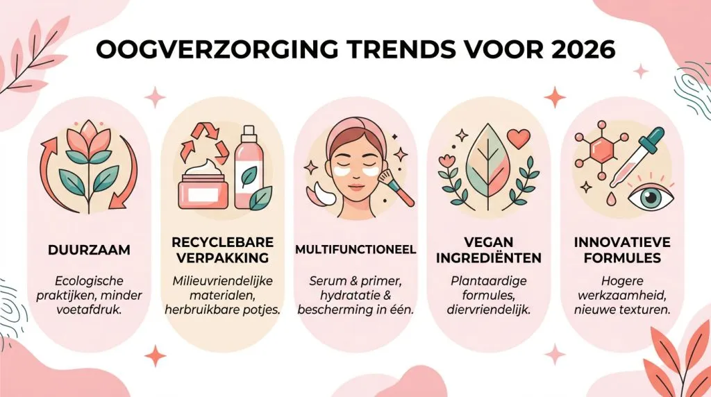 Infographic over trends in oogverzorging in 2026 met focus op duurzaamheid en multifunctionaliteit