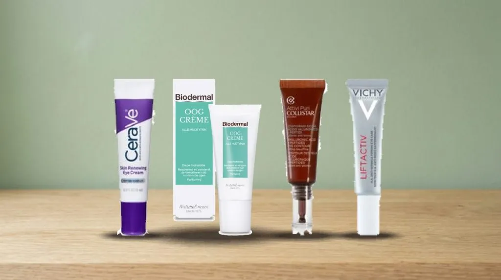 Beste oogcrème: CeraVe Skin Renewing Oogcrème Peptidecomplex – 15 ml en Biodermal Oogcrème Parfumvrij – 15 ml en Collistar Hy