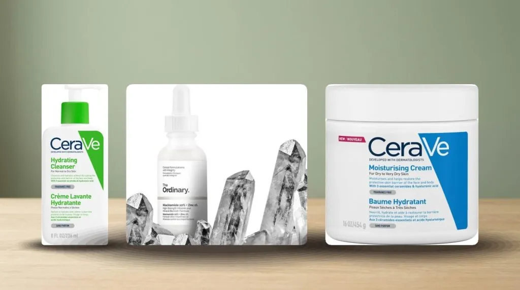Skincare producten: CeraVe Hydraterende Reinigingscrème 3 ceramiden 236 ml en The Ordinary Niacinamide 10% + Zinc 1% Serum en