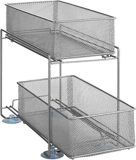 WENKO Ladenrek Gioma, hoogwaardige organizer met 2 niveaus en uittrekbare manden voor in de keukenkast of op het aanrecht, keukentrolley van gepoedercoat metaal, 35 × 33,5 × 18,5 cm, mat zilver