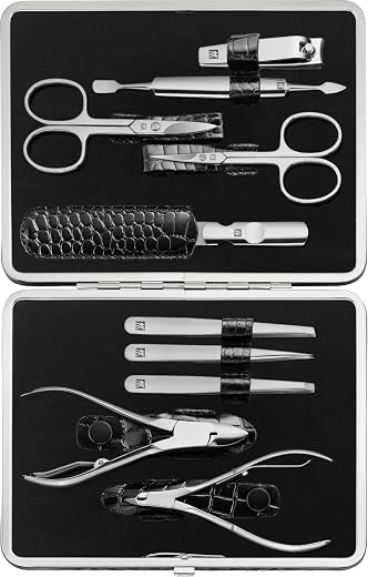 ZWILLING Manicureset (10-delig, complete set voor hand- en voetnagels, echt lederen etui met metalen frame), gepolijst roestvrij staal, krokodilleneditie, zwart